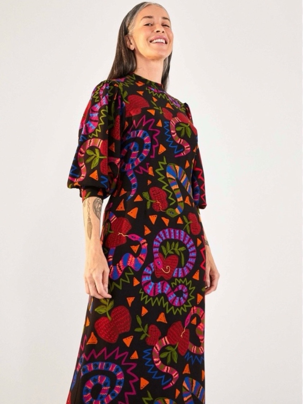 FARM Rio Black Midi Dress with Red, Pink, Orange & Green Print